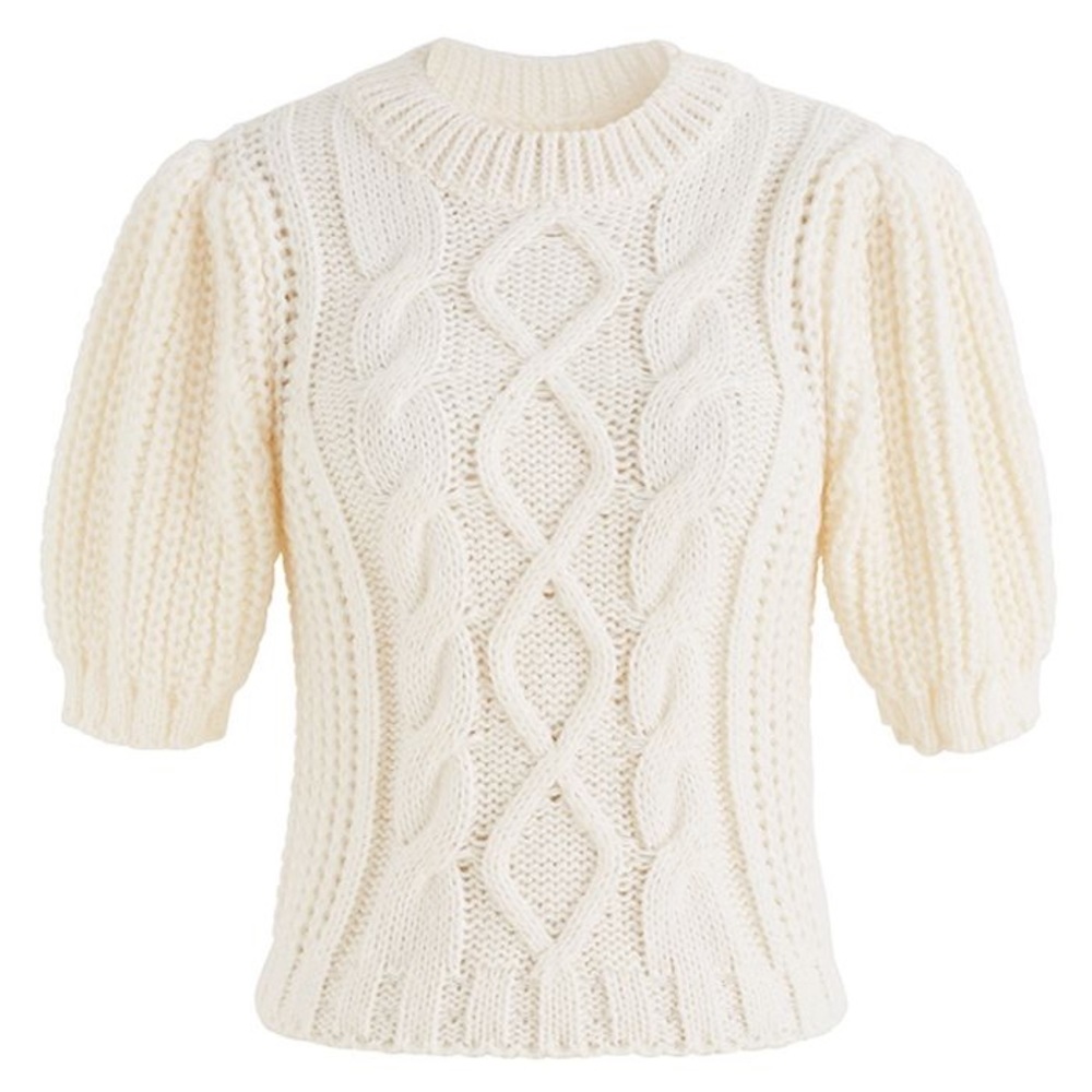 Chicwish Bubble Sleeve Braided Ribbed Cream‎ Sweater Size L/XL NWT